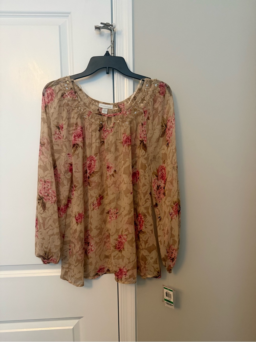 Charter Club Beige Floral Long-Sleeve Peasant Blouse